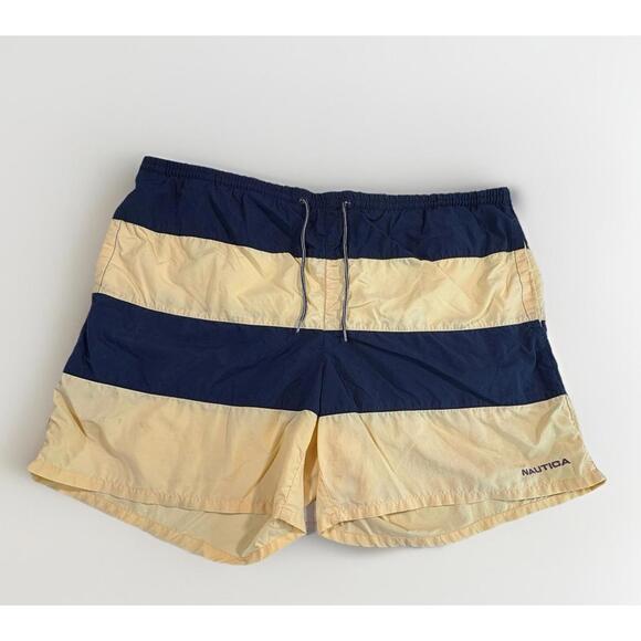 VTG 90S NAUTICA Men's ColorBlock Board Shorts Swim Trunk Navy Blue Yellow XL(A30 - Picture 1 of 5